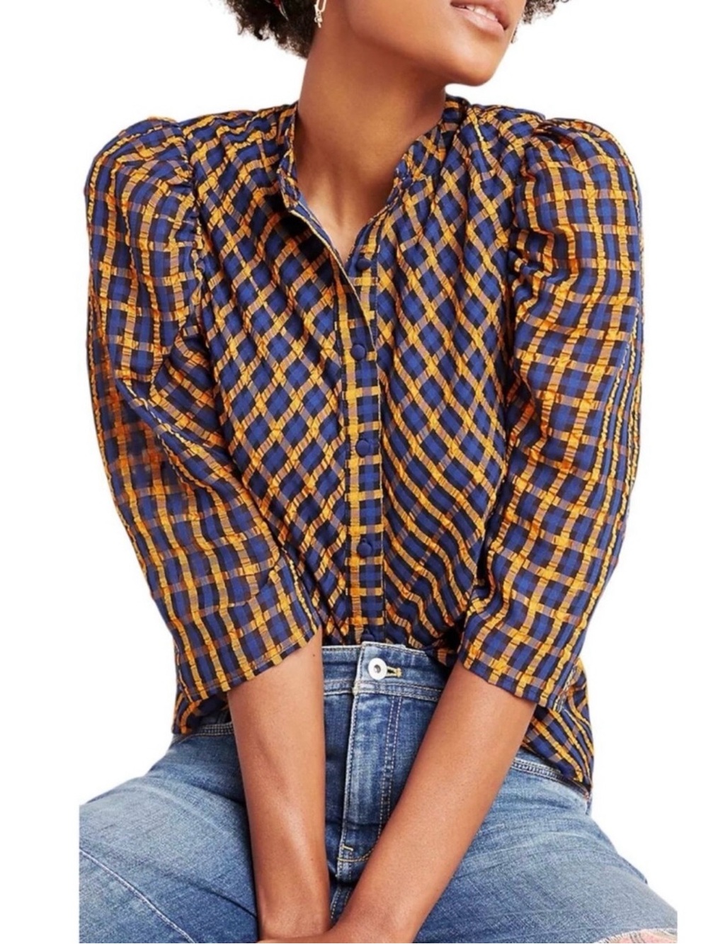 ANTHROPOLOGIE‎ EVA FRANCO I Textured Plaid Puff Sleeve Button Front Top Sz. 4